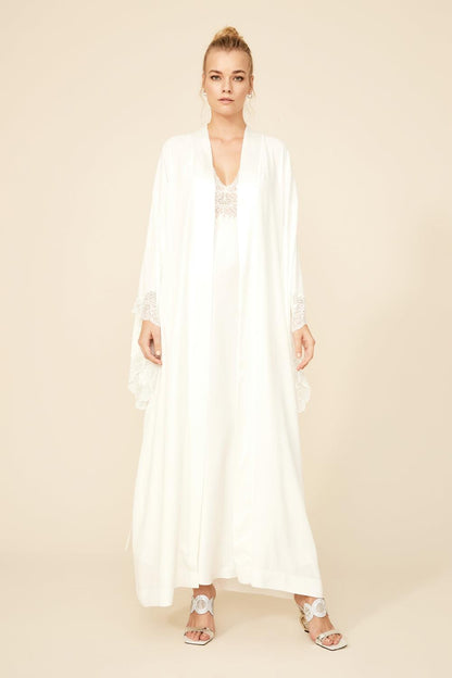 Darcy - Long Rayon Kimono Robe Set - Off White with Silver Lace - Bocan