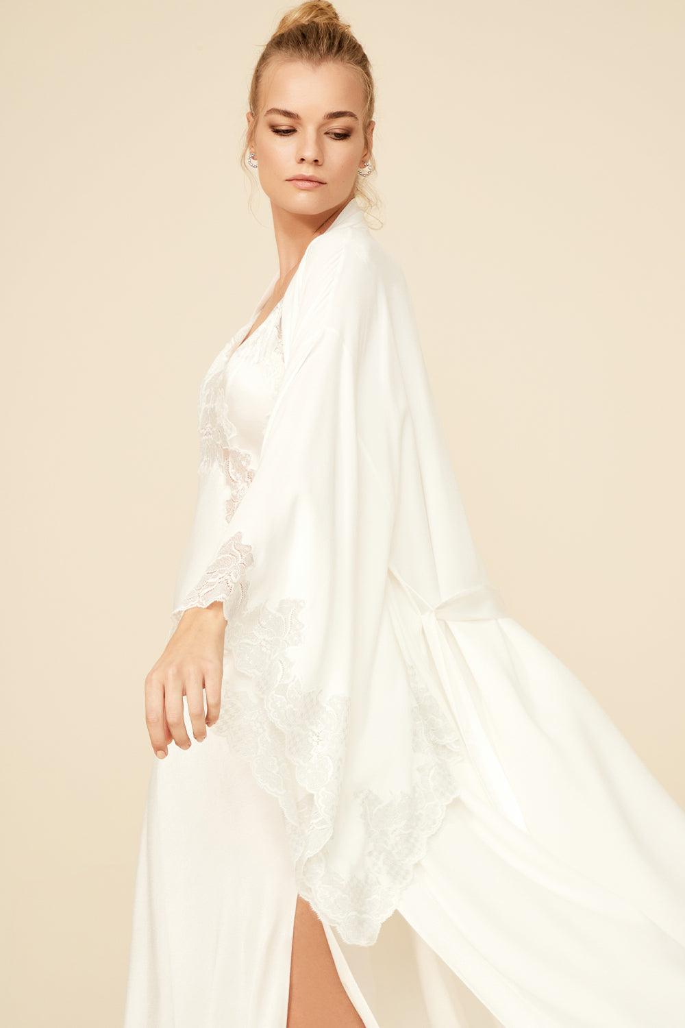 Darcy - Long Rayon Kimono Robe Set - Off White with Silver Lace - Bocan