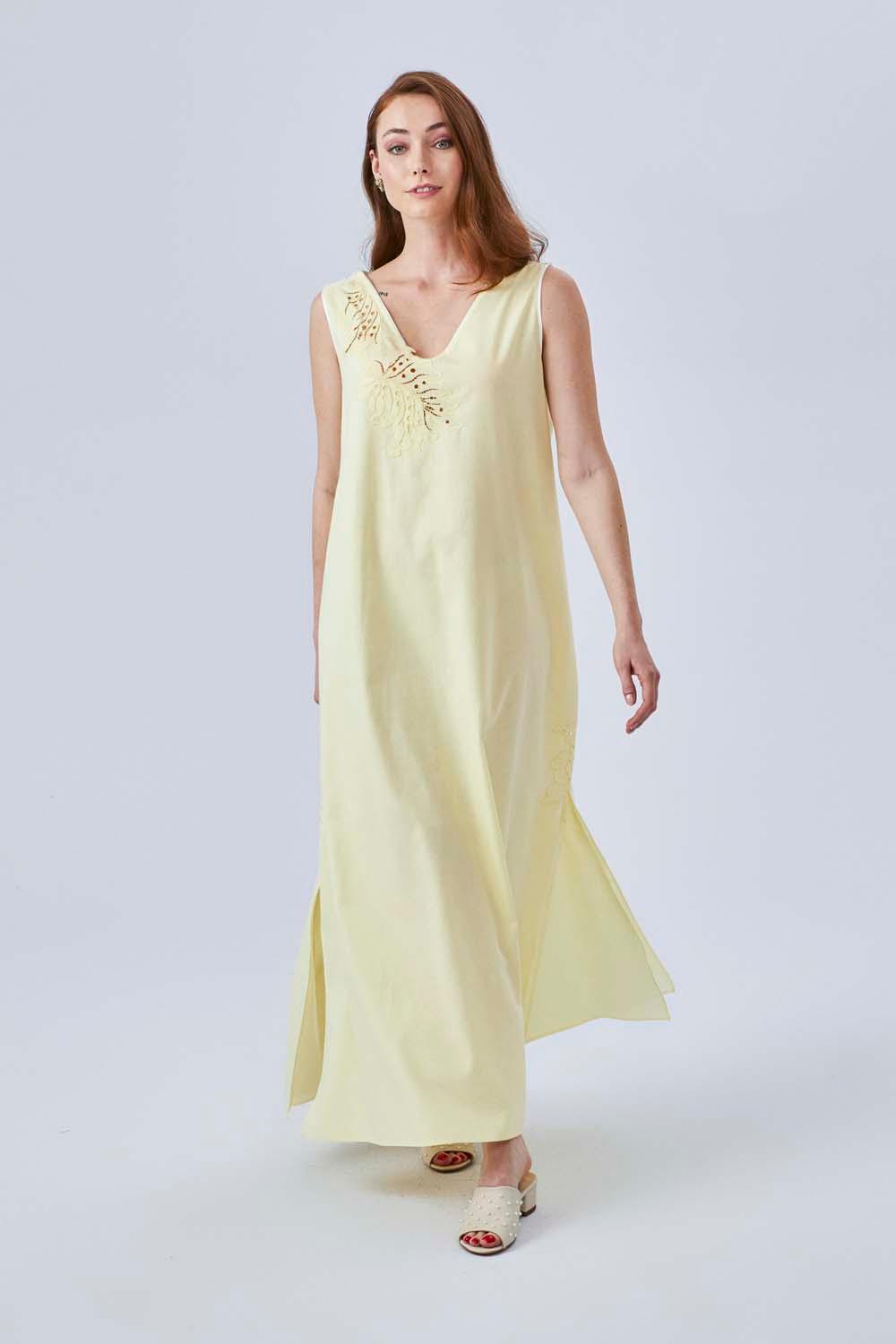 Demi- Long Cotton Buttoned Nightgown - Yellow - Bocan
