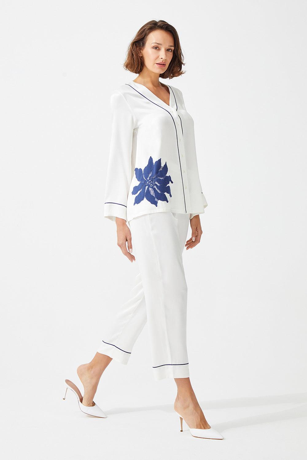 Diantha Trimmed Rayon and Buttoned Long Sleeve Pyjama Set - Off White - Bocan