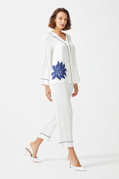 Diantha Trimmed Rayon and Buttoned Long Sleeve Pyjama Set - Off White - Bocan