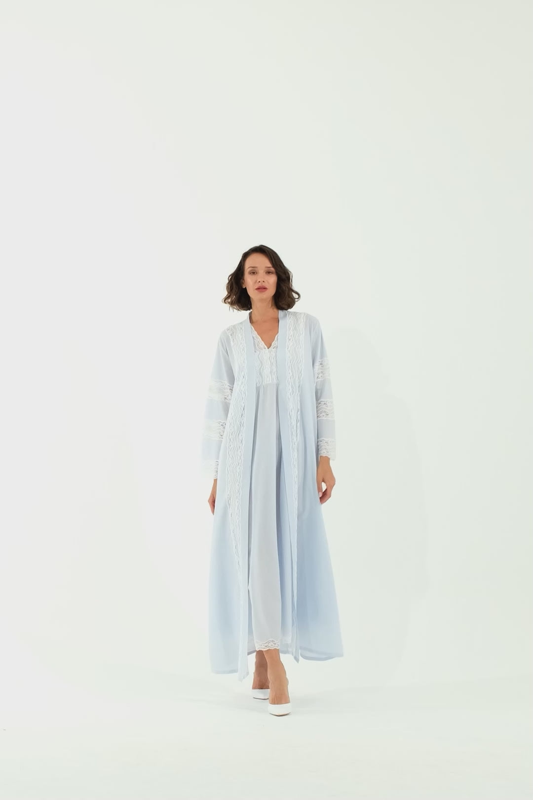 Leilani Trimmed Cotton Voile Long Sleeve Robe Set - Baby Blue