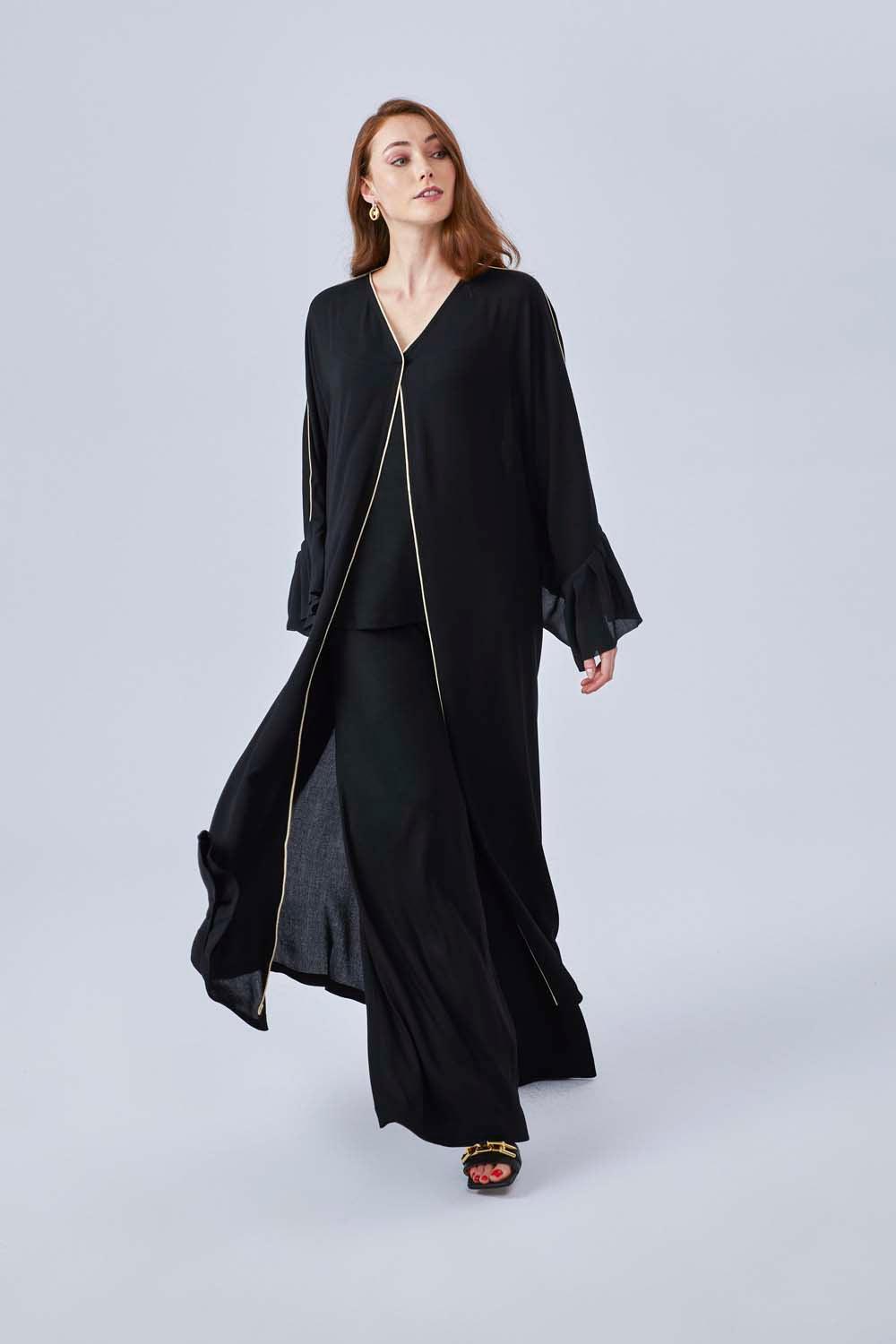Eda - Piped Rayon Robe Set with Camisole and High Waisted Pant - Bocan
