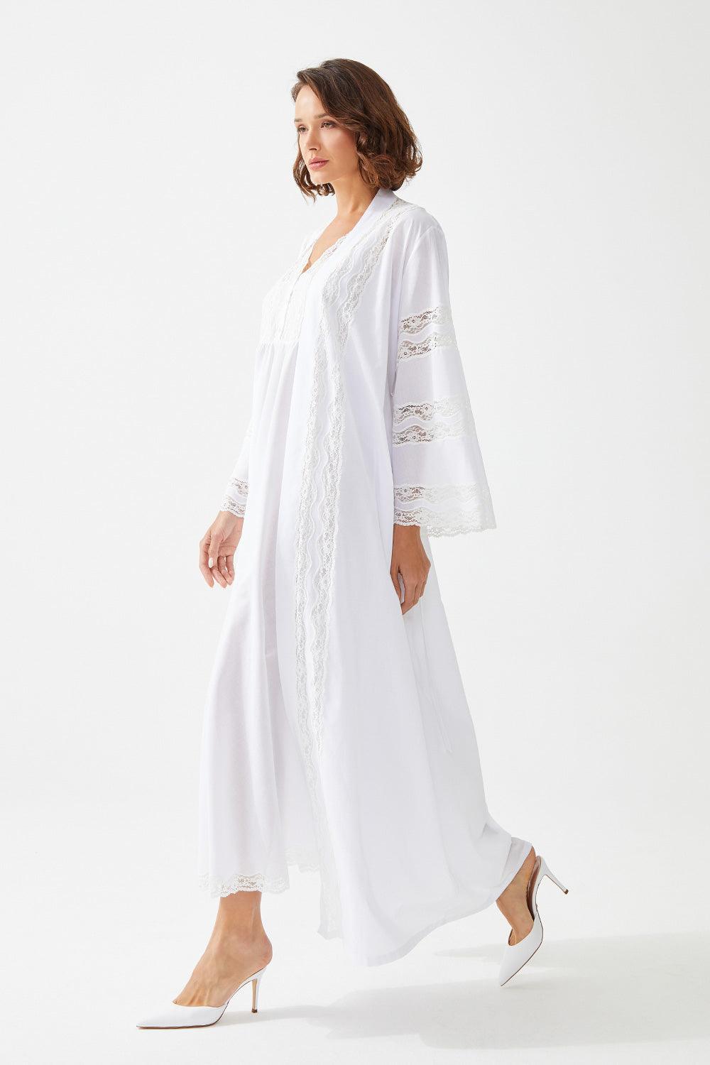 Eira Trimmed Cotton Voile Long Sleeve Robe Set -  White - Bocan