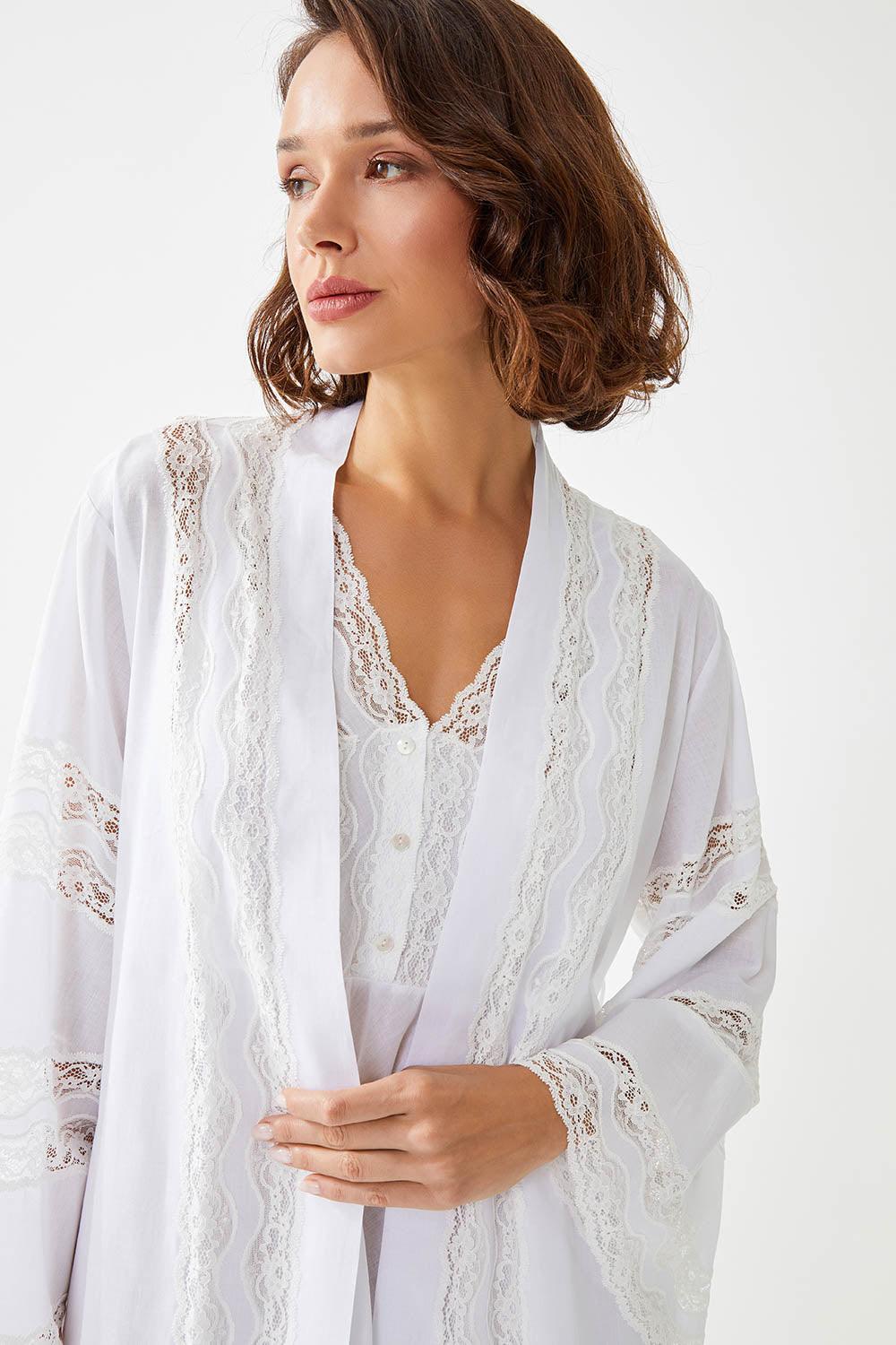 Eira Trimmed Cotton Voile Long Sleeve Robe Set -  White - Bocan