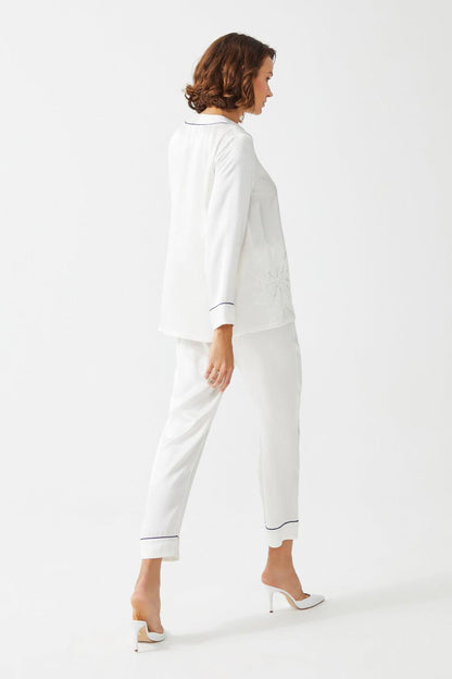 Eolande Trimmed Rayon and Buttoned Long Sleeve Pyjama Set