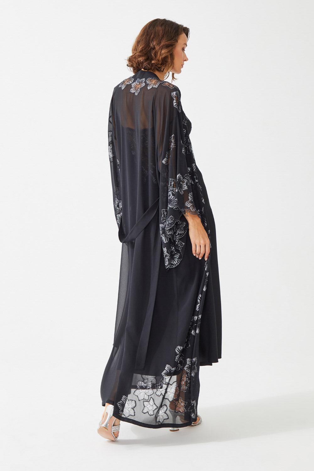 Eshita Long Silk Chiffon Emboridered with Lace Kimono Set -Black - Bocan