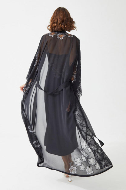 Eshita Long Silk Chiffon Emboridered with Lace Kimono Set -Black - Bocan