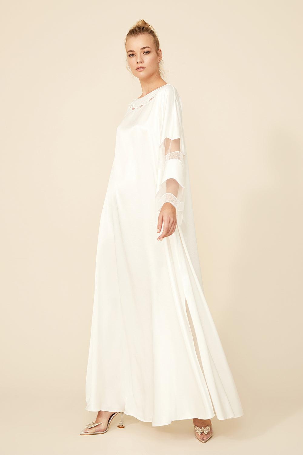Esther - Long Trimmed Dress - Off White - Bocan