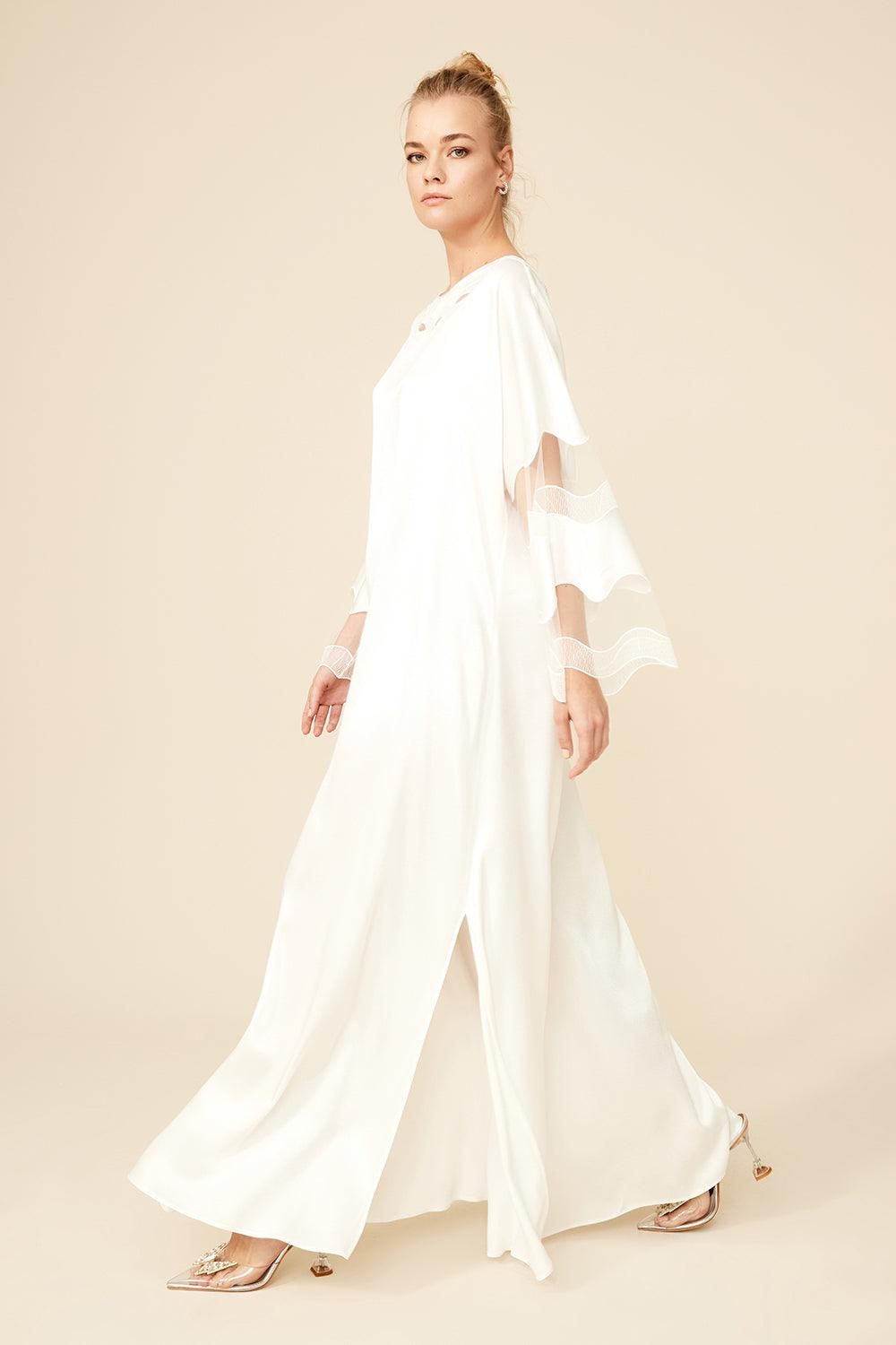 Esther - Long Trimmed Dress - Off White - Bocan
