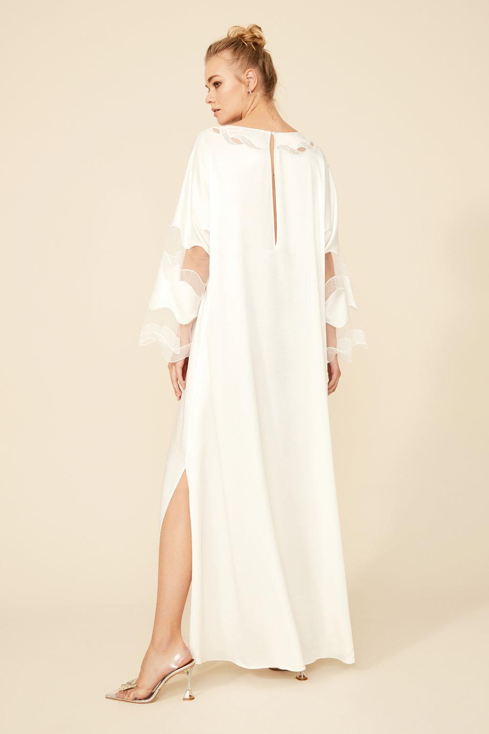 Esther - Long Trimmed Dress - Off White - Bocan