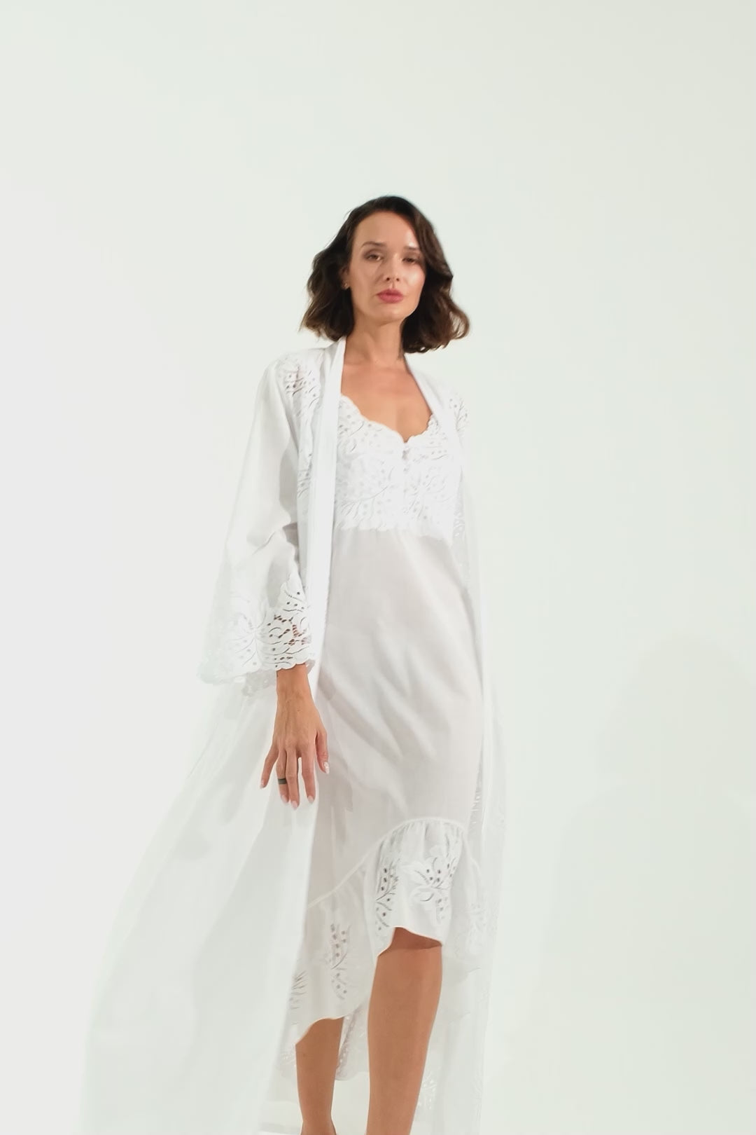 Inka Long Cotton Trimmed Robe Set - Off White