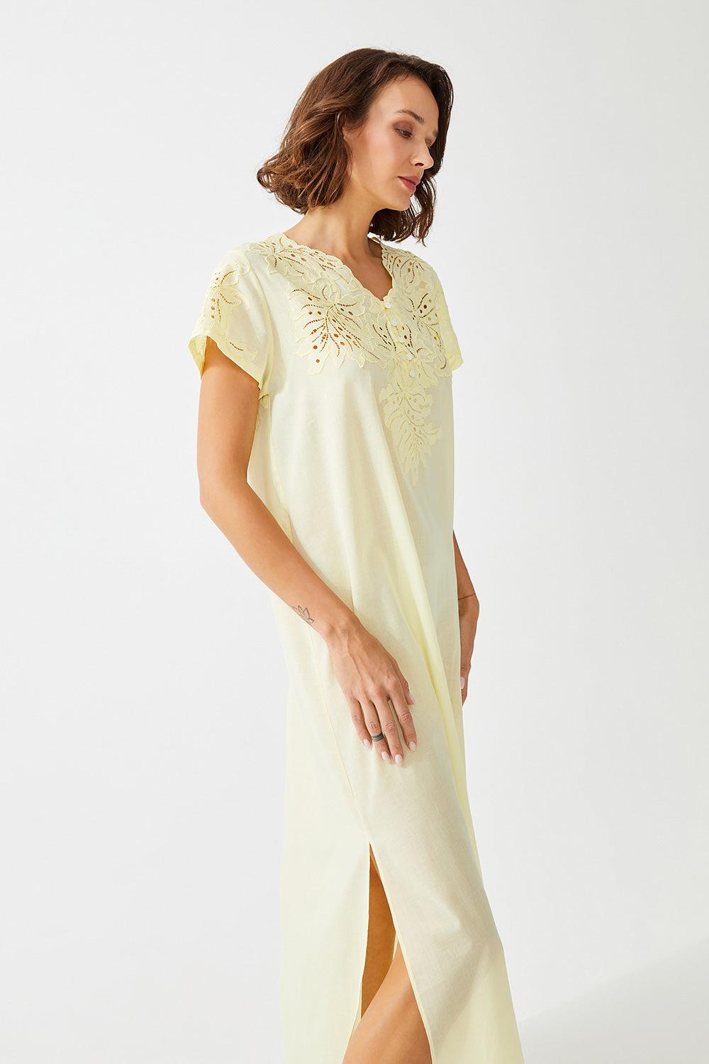 Freesia Long Cotton Voile Trimmed Half Sleeve Dress  - Baby Yellow - Bocan