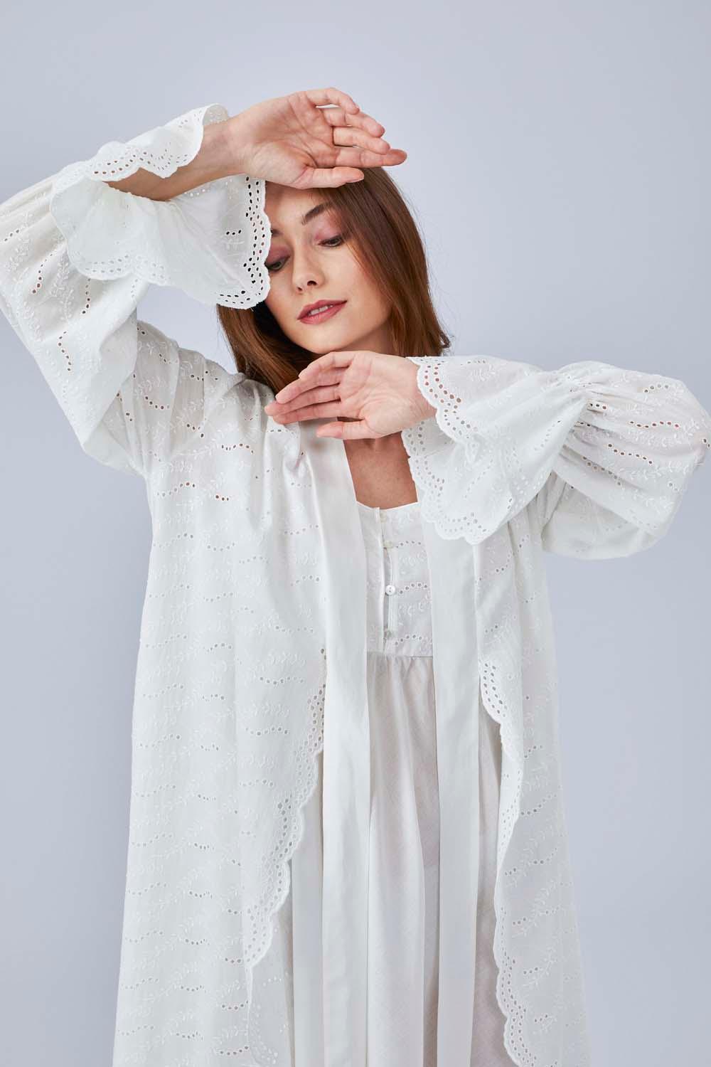 Gaia - Long Cotton Robe Set - Off White - Bocan