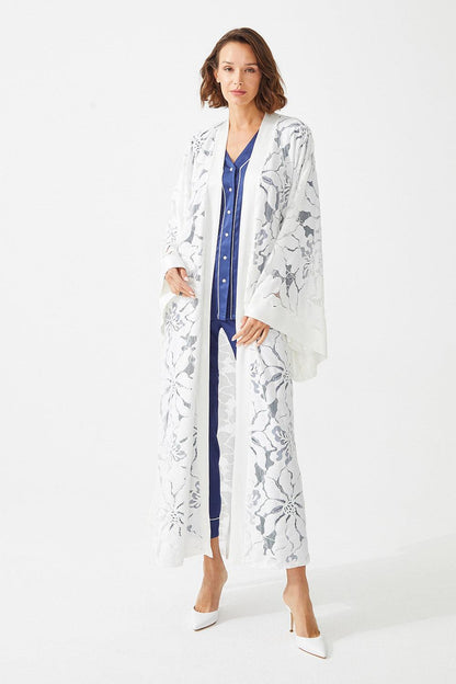 Gaura Long Full Trimmed with Lace Robe Set - Off White - Bocan