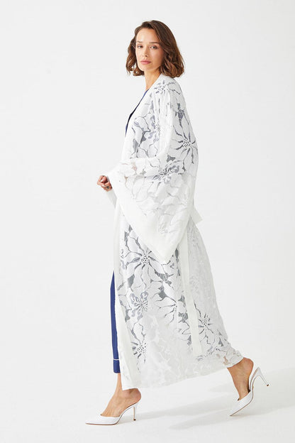 Gaura Long Full Trimmed with Lace Robe Set - Off White - Bocan