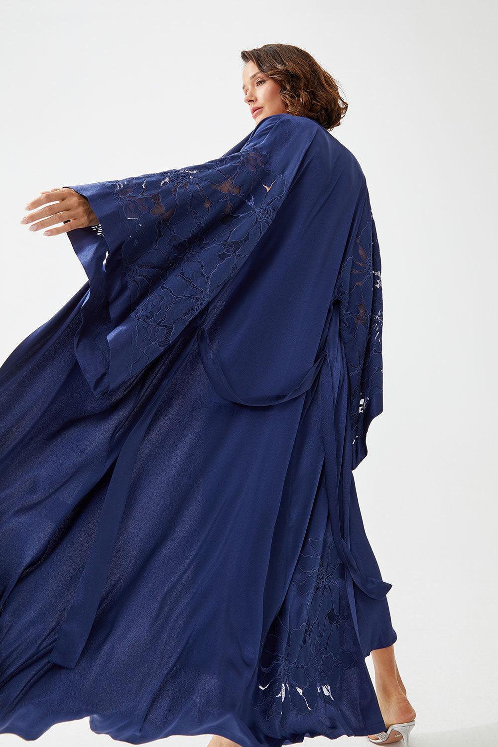 Glory Long Rayon Trimmed with Lace Robe Set - Navy Blue - Bocan