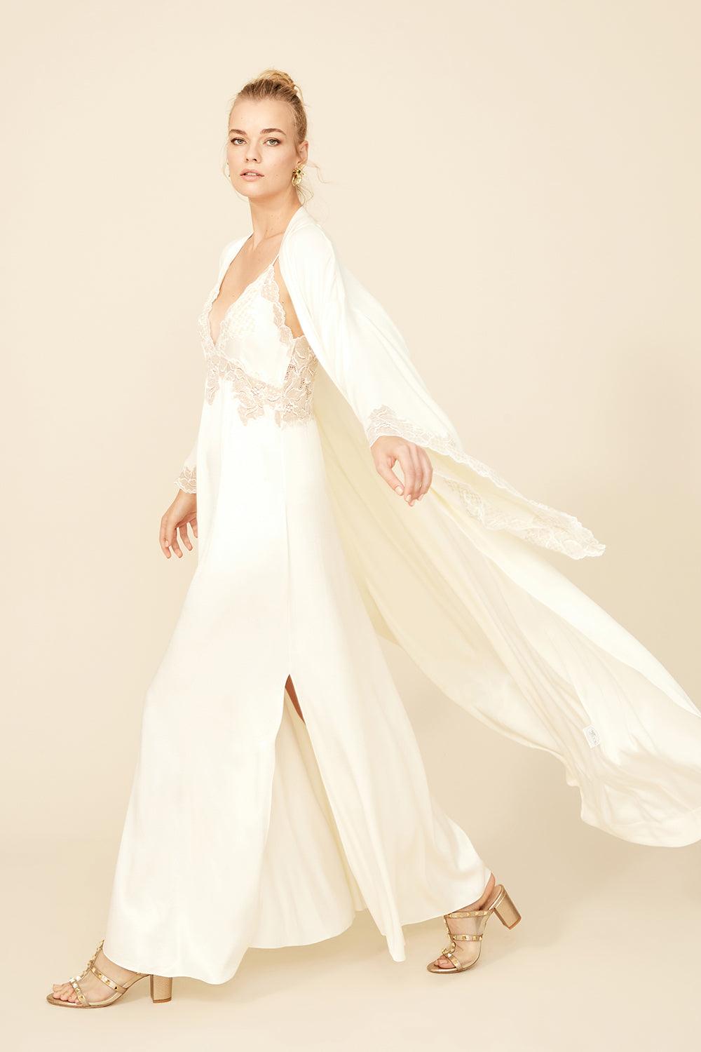 Hermione - Long Rayon Kimono Set - Off White with Gold Lace - Bocan