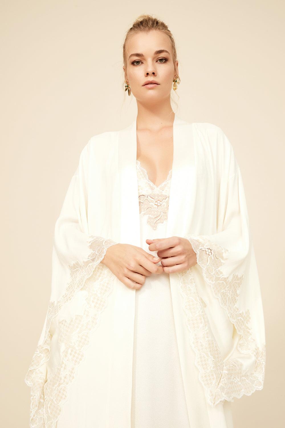 Amelia- Trimmed Silk Chiffon Kimono Set - Gold Lace on Off White