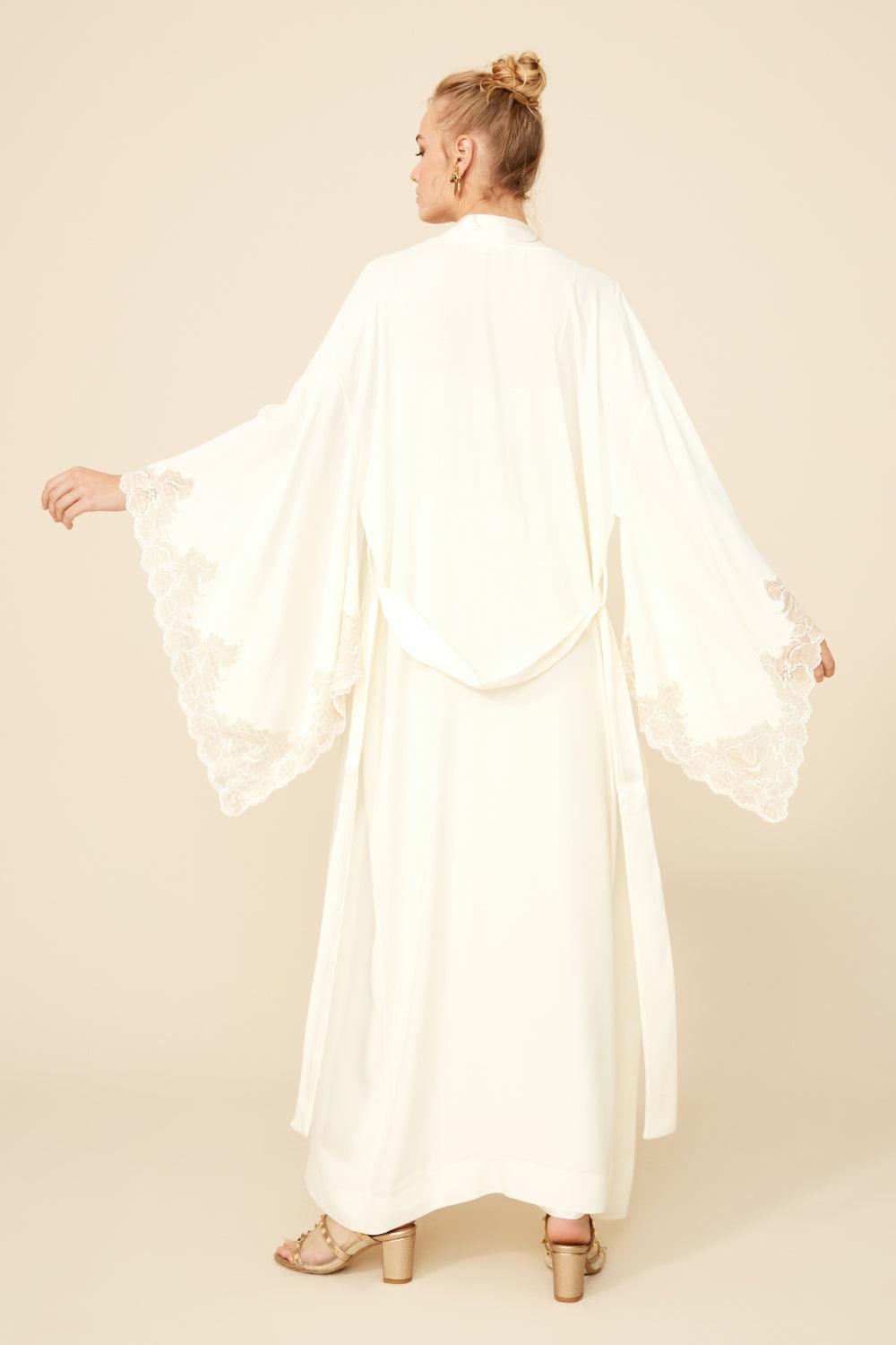 Hermione - Long Rayon Kimono Set - Off White with Gold Lace - Bocan