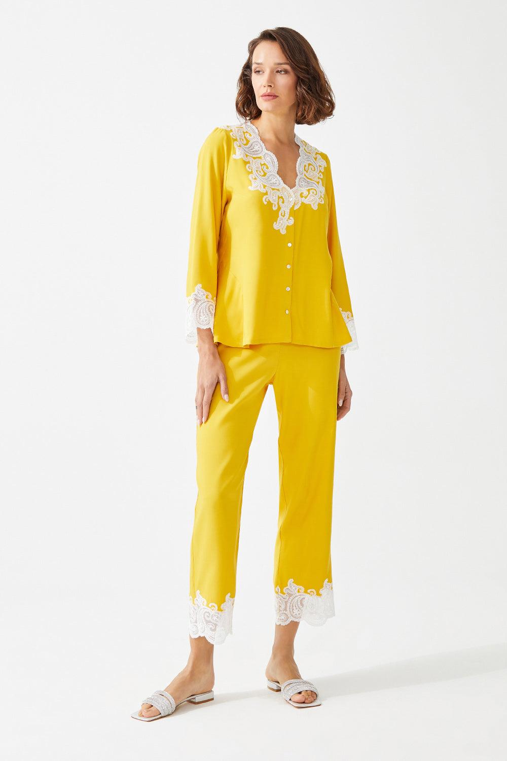 Himawari Trimmed Rayon Full Buttoned Long Sleeve Pyjama Set - Yellow - Bocan