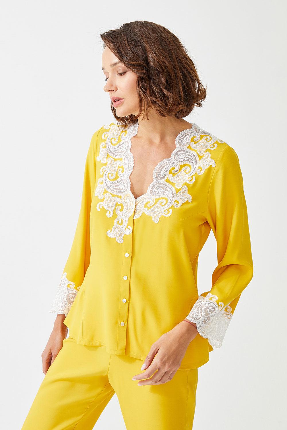 Himawari Trimmed Rayon Full Buttoned Long Sleeve Pyjama Set - Yellow - Bocan