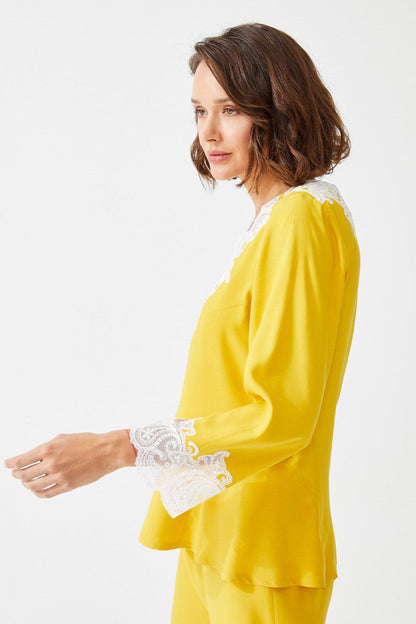 Himawari Trimmed Rayon Full Buttoned Long Sleeve Pyjama Set - Yellow - Bocan
