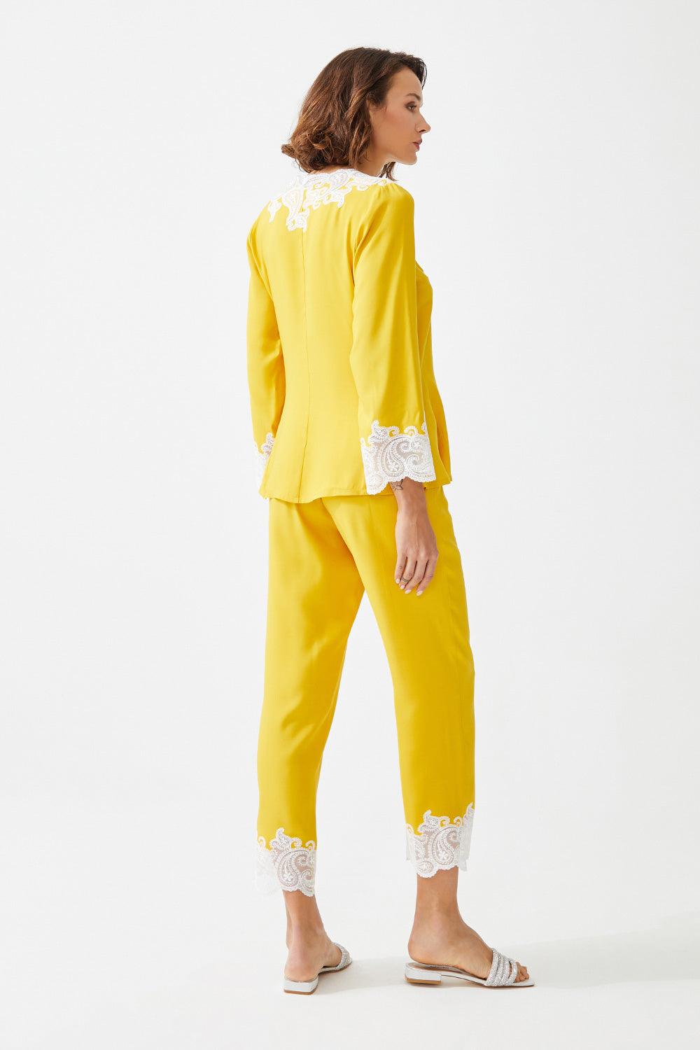 Himawari Trimmed Rayon Full Buttoned Long Sleeve Pyjama Set - Yellow - Bocan