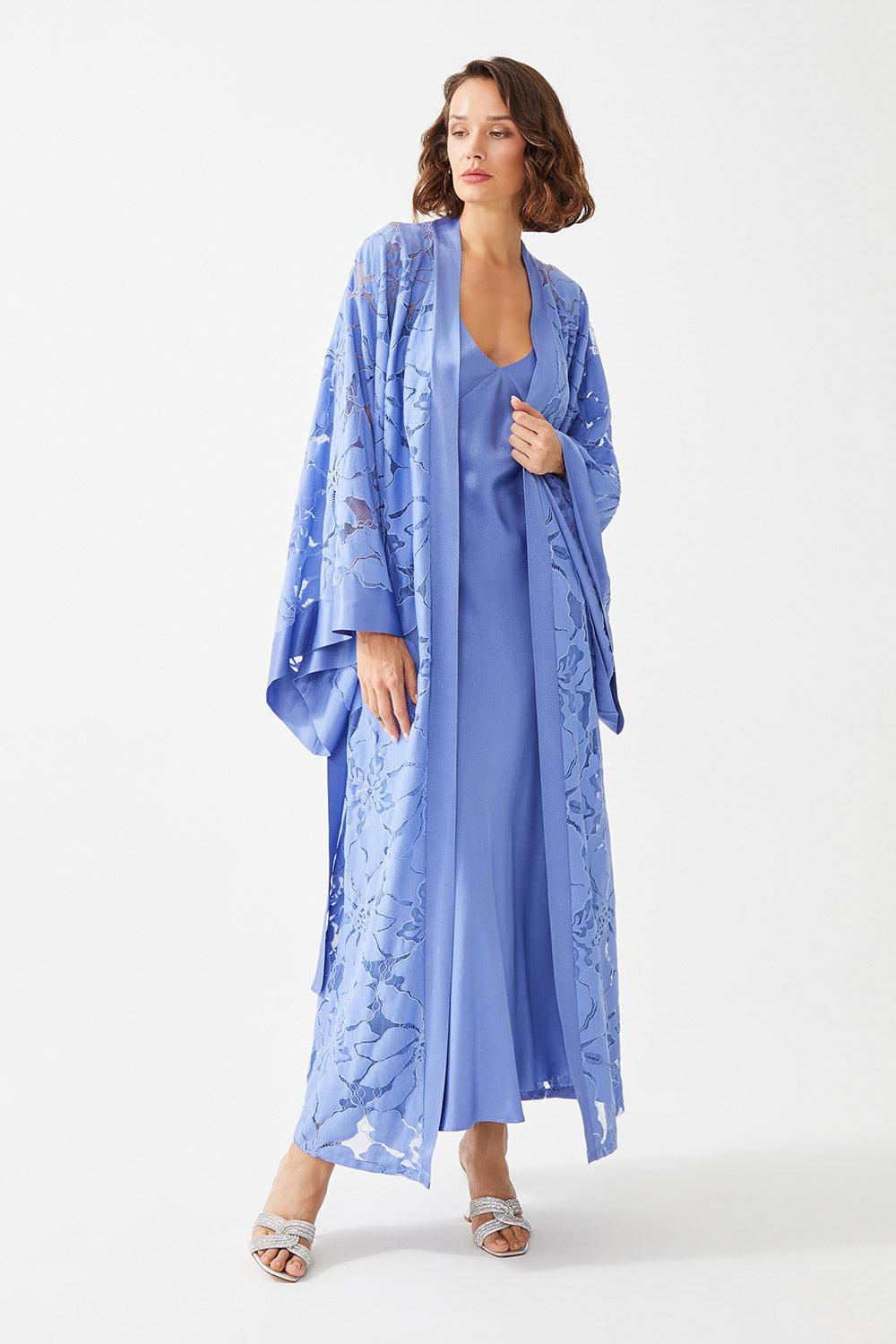Honesty Long Rayon Full Trimmed with Lace Robe Set -Lilac - Bocan