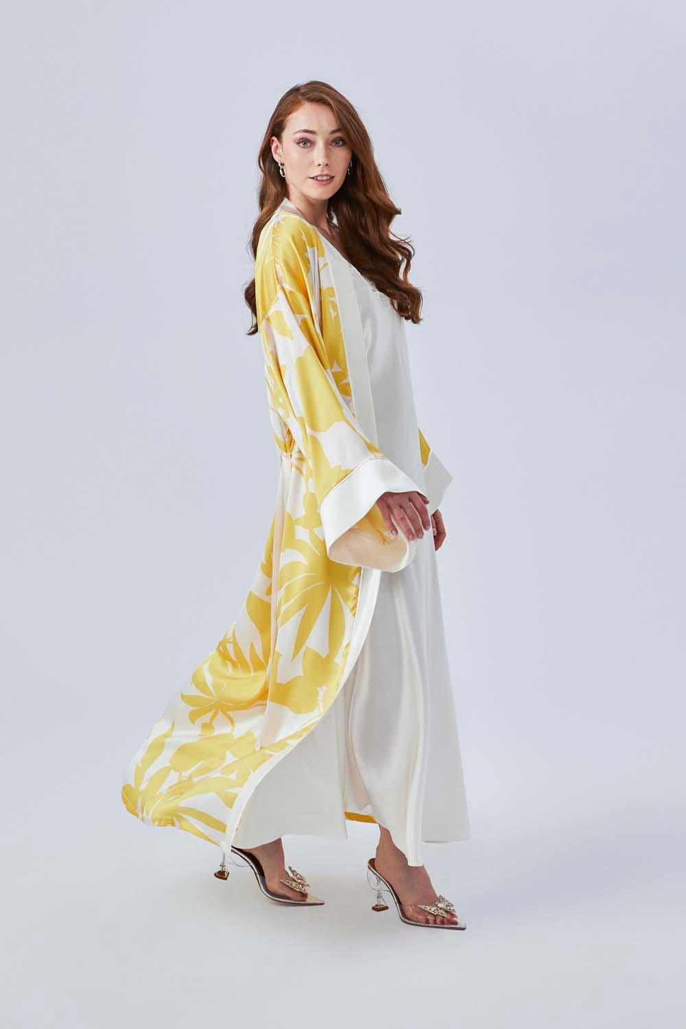 Iliana - Long Silk Sateen Printed Robe Set - Yellow - Bocan