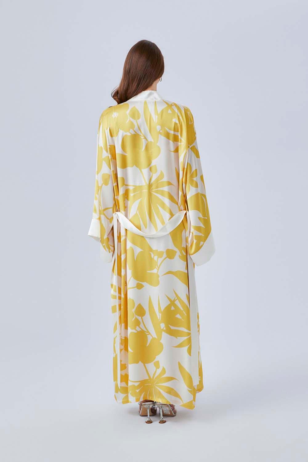 Iliana - Long Silk Sateen Printed Robe Set - Yellow - Bocan