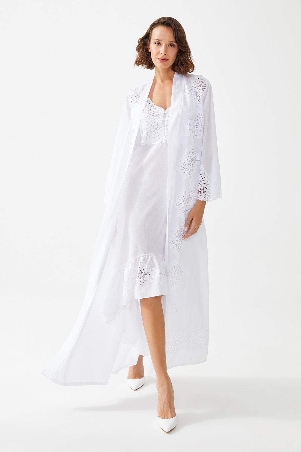 Inka Long Cotton Trimmed Robe Set - Off White - Bocan