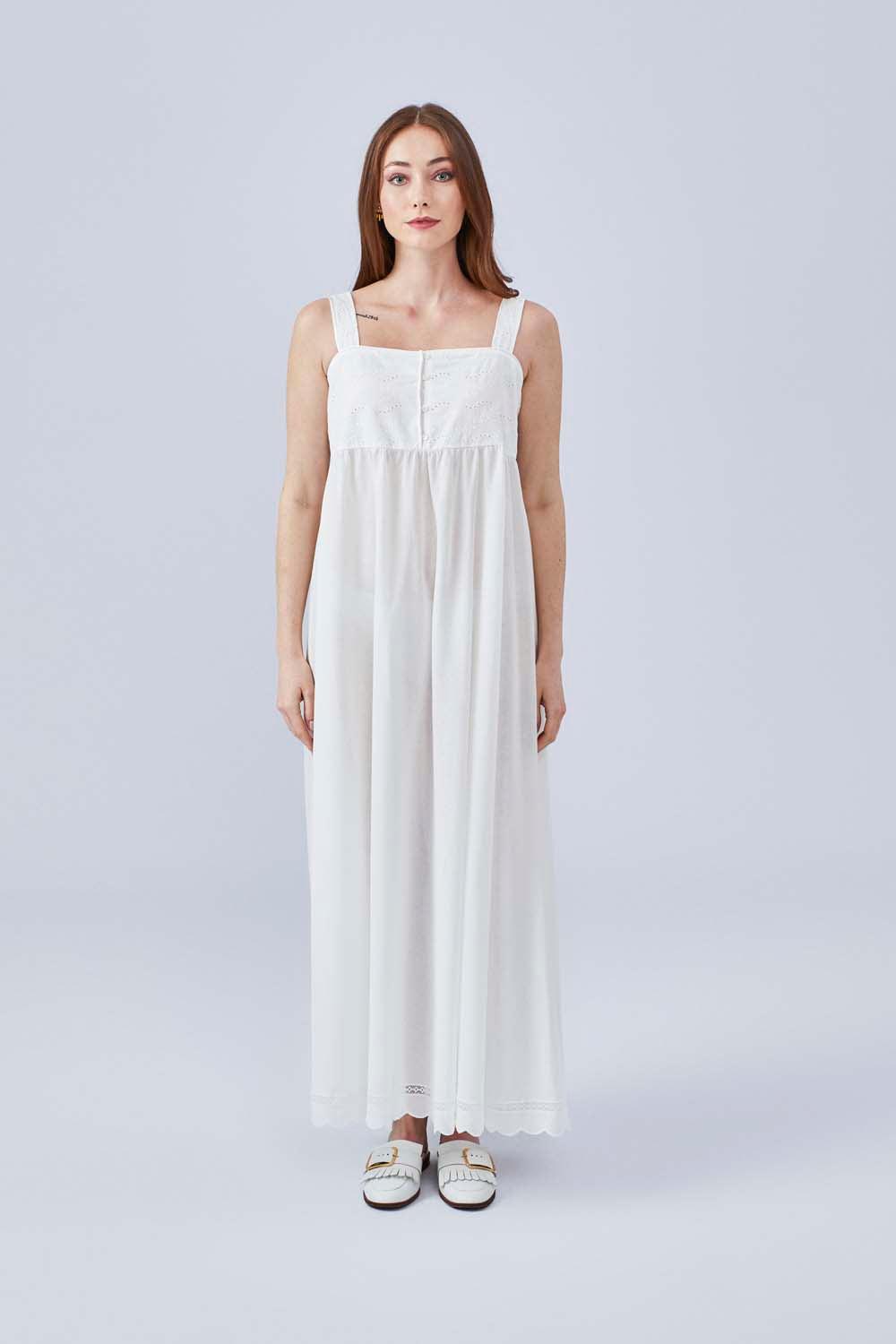 Io- Long Cotton Buttoned Nightgown - Off White - Bocan