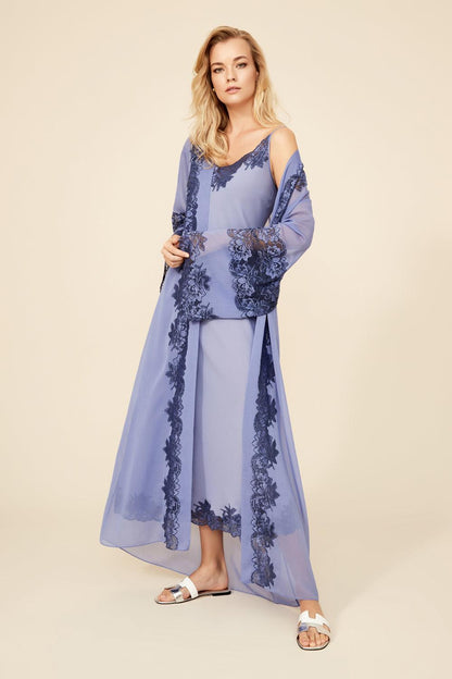 Iris - Long Silk Chiffon Robe Set with Strapped Inner Nightie - Lilac - Bocan