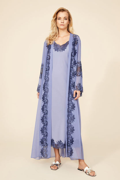 Iris - Long Silk Chiffon Robe Set with Strapped Inner Nightie - Lilac - Bocan