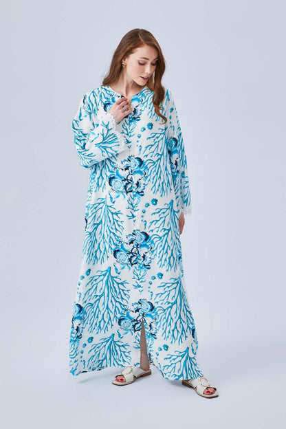 Kai - Printed Linen Long Trimmed Dress - Turquiose - Bocan