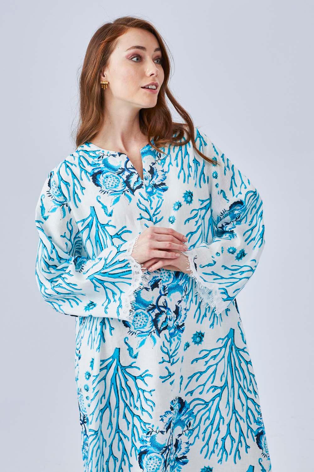 Kai - Printed Linen Long Trimmed Dress - Turquiose - Bocan