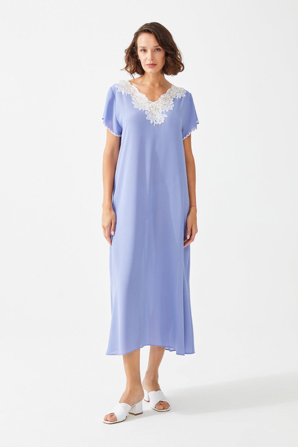 Lavinia Long Silk Crepe Trimmed Half Sleeve Dress - Lilac - Bocan