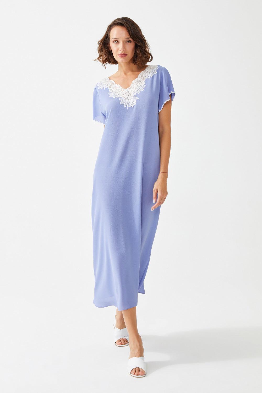 Lavinia Long Silk Crepe Trimmed Half Sleeve Dress - Lilac - Bocan
