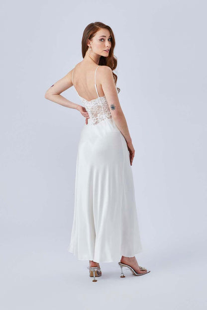 Lea - Long Rayon Strapped Nightgown - Off White - Bocan
