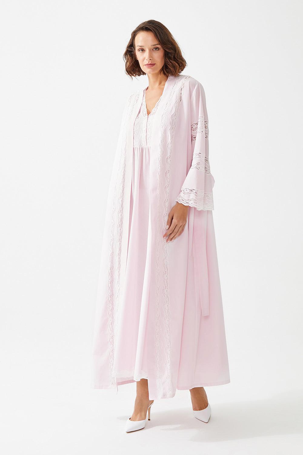 Leilani Trimmed Cotton Voile Long Sleeve Robe Set - Baby Pink - Bocan