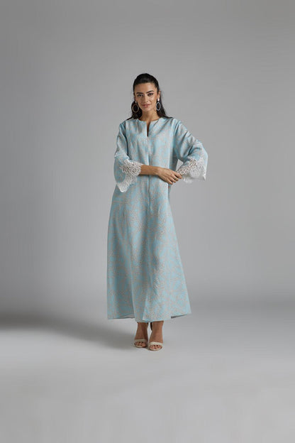 Linen Dress Blue Printed - Cielo - Bocan