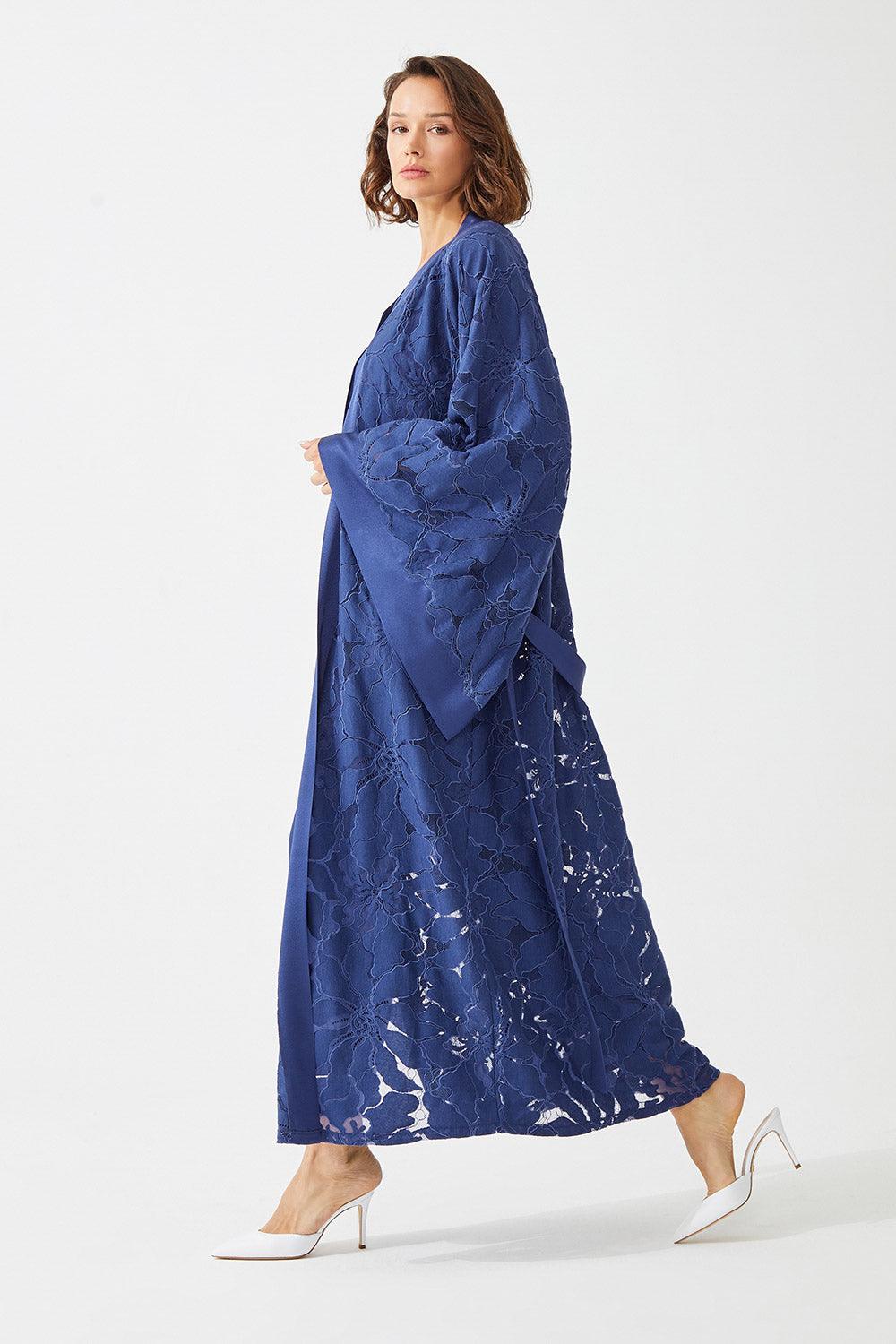 Lobelia Long Full Trimmed with Lace Robe Set - Navy Blue - Bocan