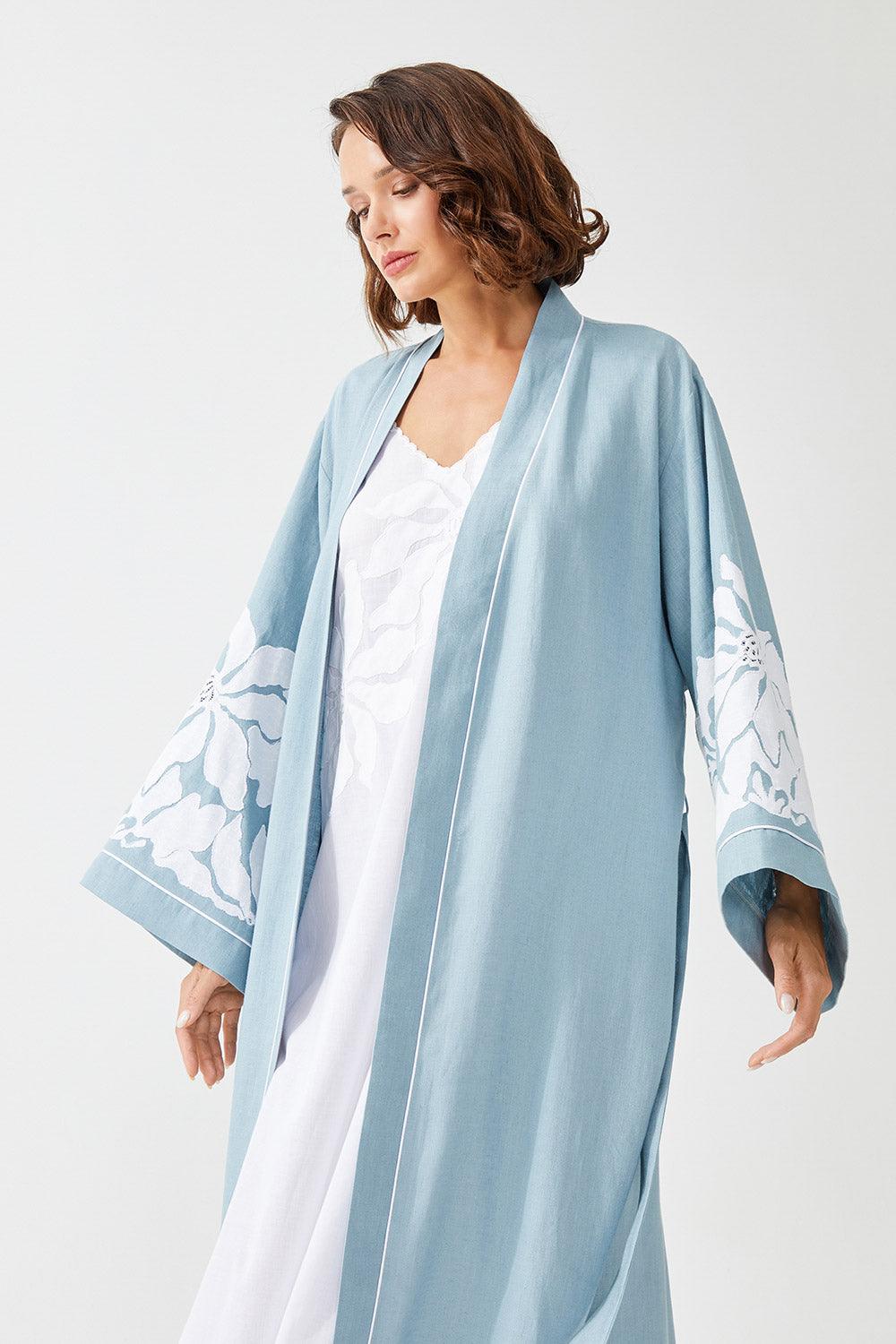 Lotus Long Linen Embroidered with Lace Kaftan Set - Nile Green - Bocan