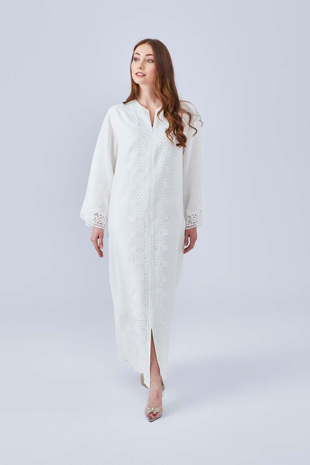 Loukia - Linen Long Zippered Dress - Off White - Bocan