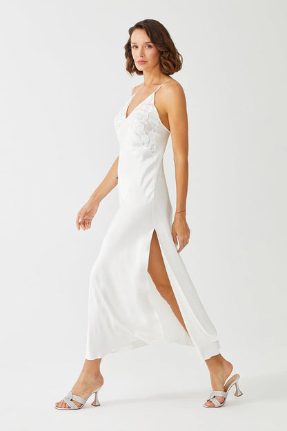 Maram Long Rayon Trimmed Slip Dress - Off White - Bocan