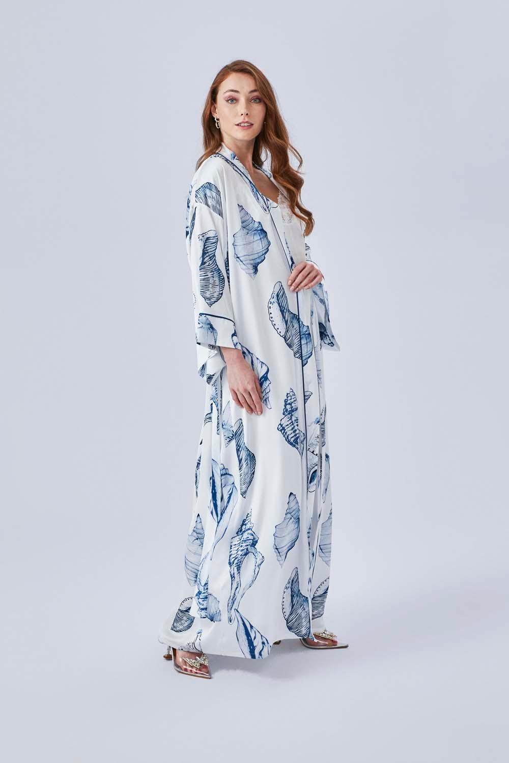 Marina - Long Silk Sateen Printed Robe Set - Navy - Bocan