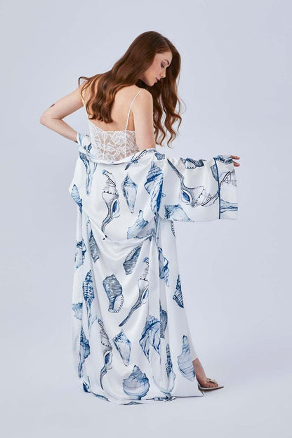 Marina - Long Silk Sateen Printed Robe Set - Navy - Bocan