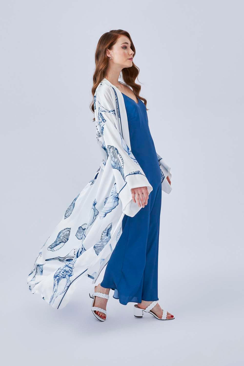 Marina The Azur - Long Silk Sateen Printed Robe Set - Navy - Bocan