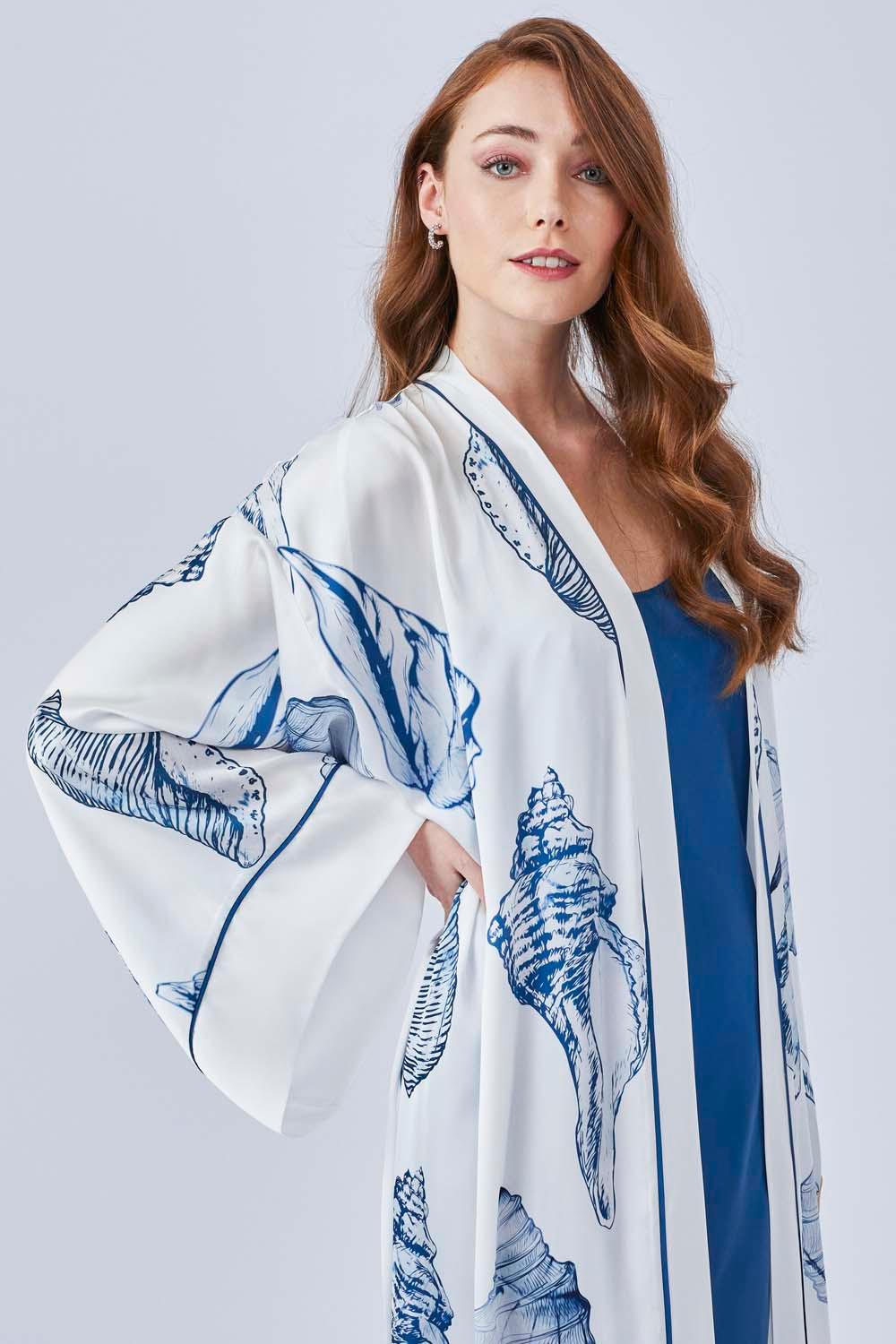 Marina The Azur - Long Silk Sateen Printed Robe Set - Navy - Bocan
